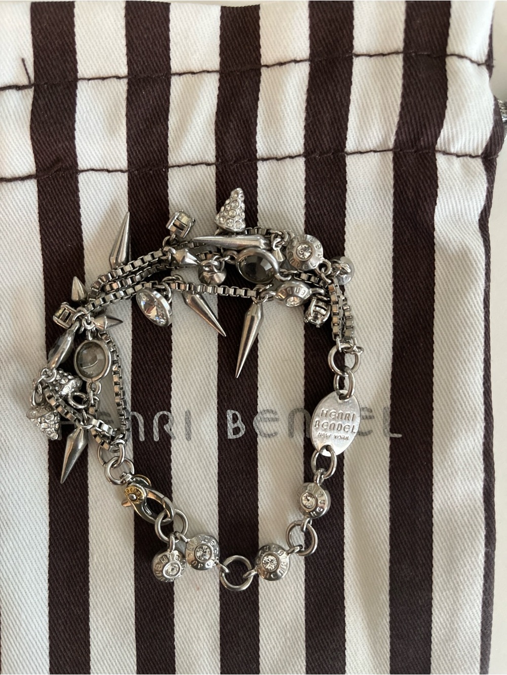 Henri Bendel Spike Charm Bracelet Silver-Tone Crystal Multi Chain Rare